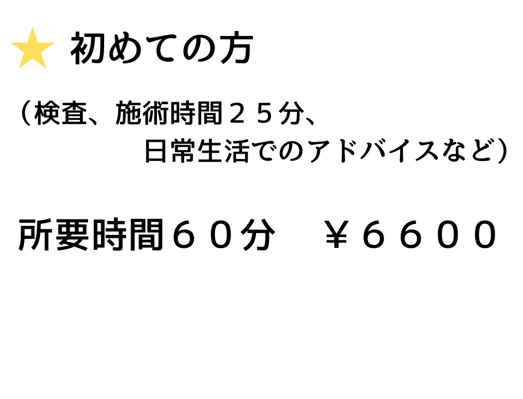 初めての方　検査　施術時間２５分　日常生活でのアドバイスなど　所要時間６０分￥６６００