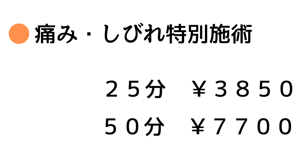 痛み・しびれ特別施術　２５分￥３８５０　５０分￥７７００